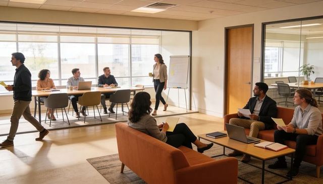 Collaborating team meeting in modern glass-walled office lounge with laptops and notes