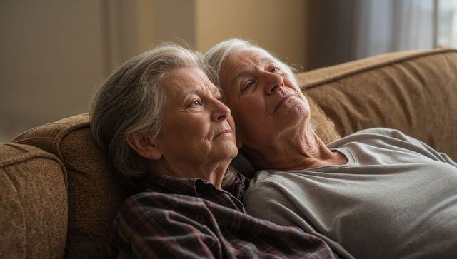 Senior women sharing quiet moment on couch, embracing companionship and aging gracefully
