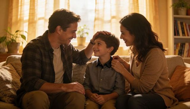 Parents smiling and comforting son on cozy sofa in sunlit living room morning bonding