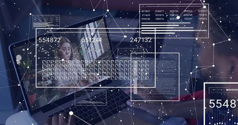 Remote collaboration HUD on laptop with presenter and network data overlays