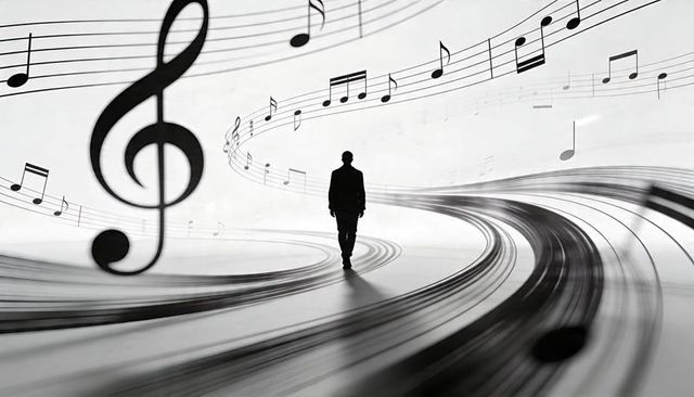 Silhouette man walking along flowing musical staff with treble clef in monochrome surreal