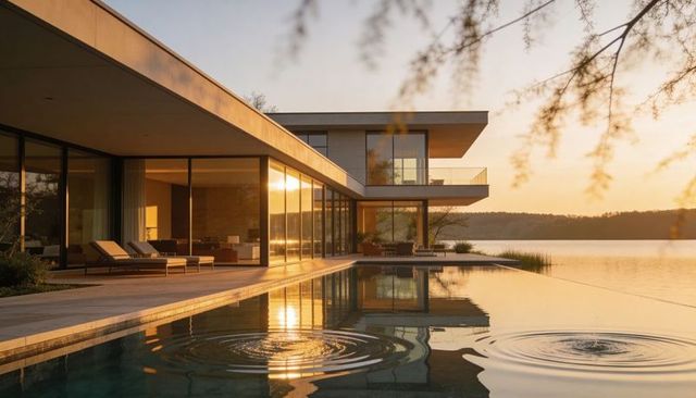 Lakeside luxury modern villa reflecting golden sunset over infinity pool