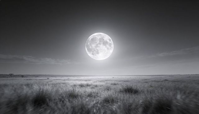 Full moon dominating night prairie, casting halo over expansive grassland and lone tree