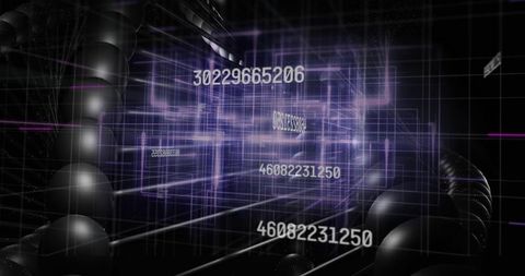 Violet Data Matrix Tunnel with Floating Numeric Streams, Holographic Grid and Neon Orbs