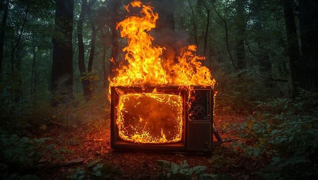 Vintage CRT Television Ablaze in Forest Setting