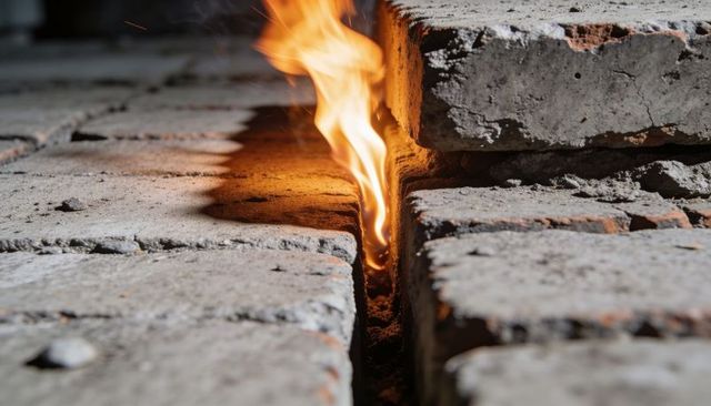 Flame rising from narrow crack in brick pavers, casting warm glow on concrete