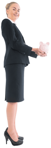 Confident Businesswoman Holding Transparent Pink Piggy Bank