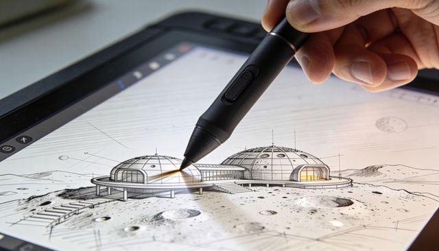 Sketching lunar dome base on digital pen display with stylus, futuristic concept design