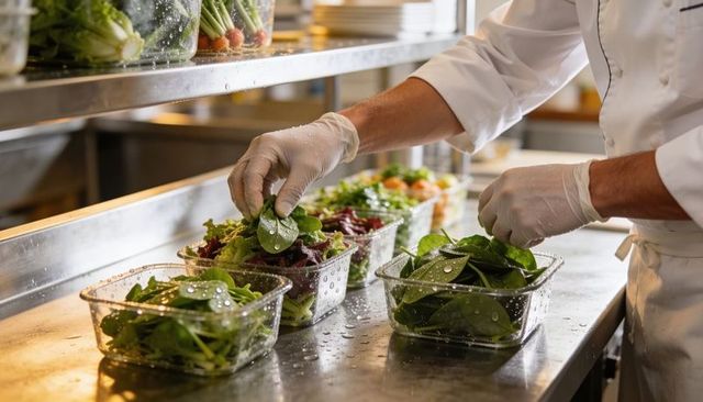 Chef preparing fresh spinach portioning into clear containers on stainless steel prep line