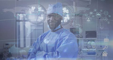 Futuristic Healthcare: Surgeon with Tech Overlays in Operating Room