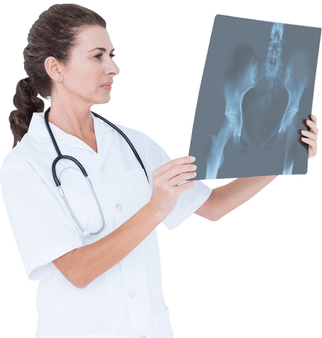Transparent image of female doctor examining x-ray