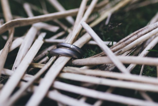 This photo shows two elegant wedding rings nestled in dried grass, symbolizing love and commitment. Suitable for wedding invitations, engagement announcements, romance-themed cards, and jewelry advertisements.
