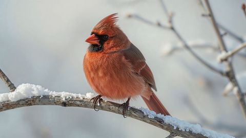 Male Northern Cardinal Resting on Snow-Covered Branch in Winter Forest