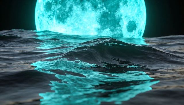 Turquoise Moonlight Reflecting on Cresting Ocean Wave at Night, Glowing Full Moon Horizon