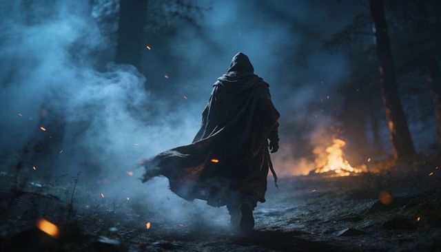 Hooded figure walking through misty forest at night with glowing embers and distant fire