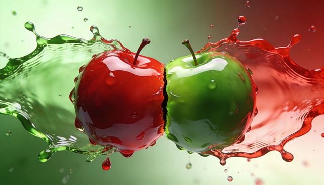 Colliding red and green apples splashing vivid juices in symmetrical high-speed concept