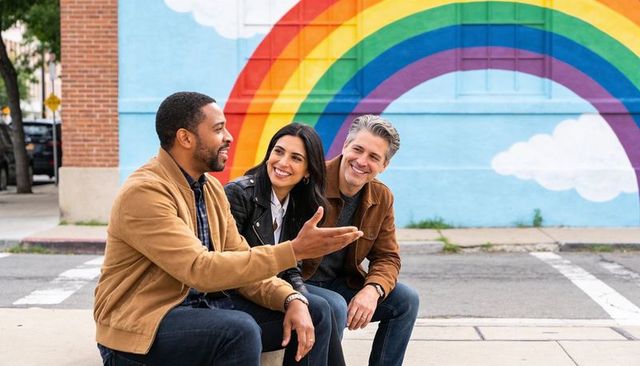 Three friends chatting on urban sidewalk wearing casual jackets and jeans by rainbow mural