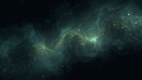 Teal nebula swirling with golden dust across dark cosmic expanse, luminous particles