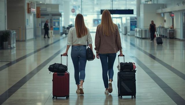 Two women walking through airport terminal pulling rolling luggage and duffel bags