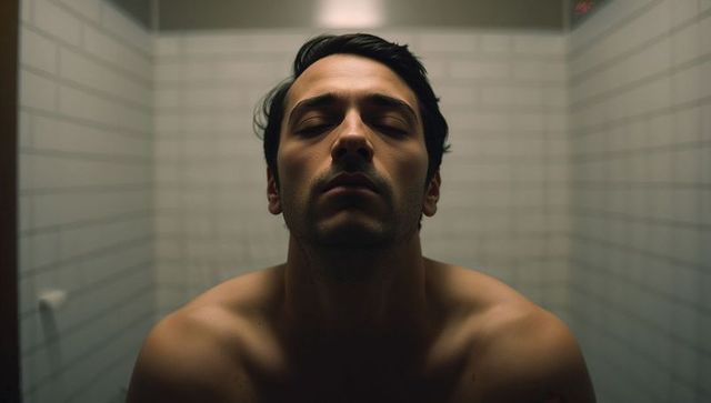 Shirtless middle eastern man tilting head back in dim tiled bathroom, moody introspection