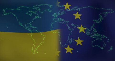 Ukraine eu split world map with neon green outline overlay showing geopolitical divide