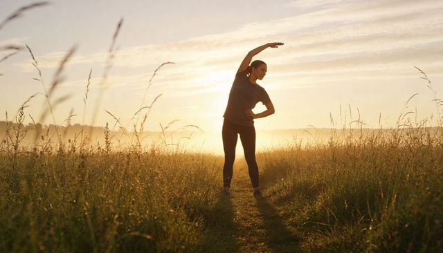 Sunrise stretching woman backlit by golden meadow, fitness outdoors, morning routine