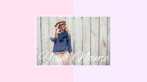 Trendy woman in hat smiling against wooden background for personal branding