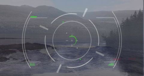 Futuristic tactical hud overlays coastal inlet with green indicators