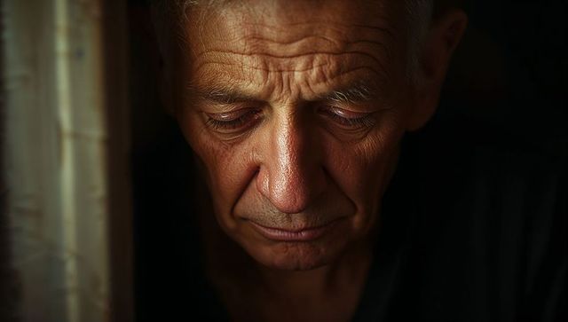 Pensive elderly man looking down low-key close-up portrait with wrinkle texture