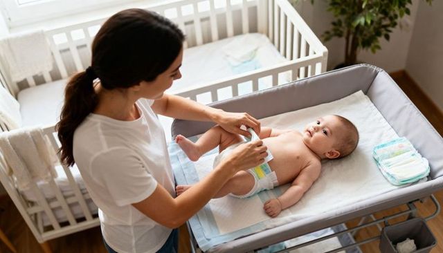 Mother changing newborn on nursery changing pad, fastening diaper, gentle caregiving