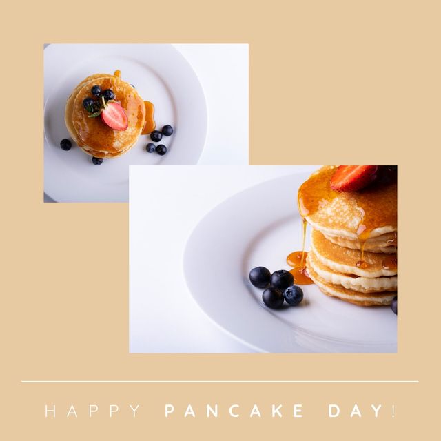 Celebrate Pancake Day with deliciously stacked pancakes topped with fresh blueberries and strawberries drizzled with syrup. Perfect for holiday greeting cards, food blogs, breakfast menus, and social media posts promoting breakfast specials.