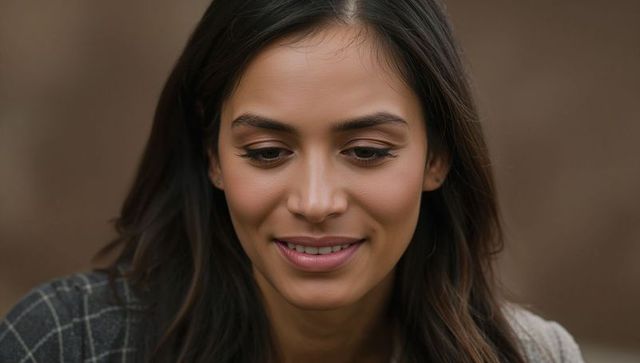 Smiling woman looking downward warm close-up headshot with soft bokeh and check coat