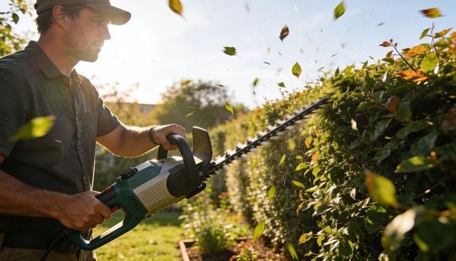 Gardener trimming backyard hedge with electric trimmer and flying leaves at golden hour