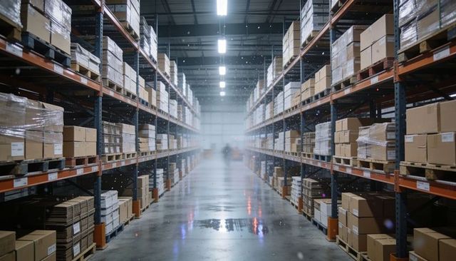 Warehouse aisle showing pallet racks, stacked cardboard boxes and reflective floor