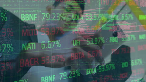 Digital Stock Market Data Overlay on Businessman Using Smartphone