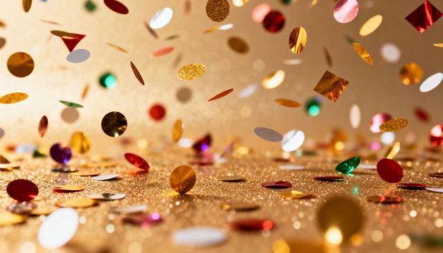 Colorful metallic confetti falling over golden glitter surface with sparkling bokeh magic