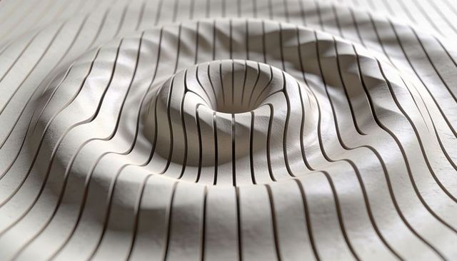 Layered wooden slat sculpture forming concentric funnel with dramatic shadow play, minimalist