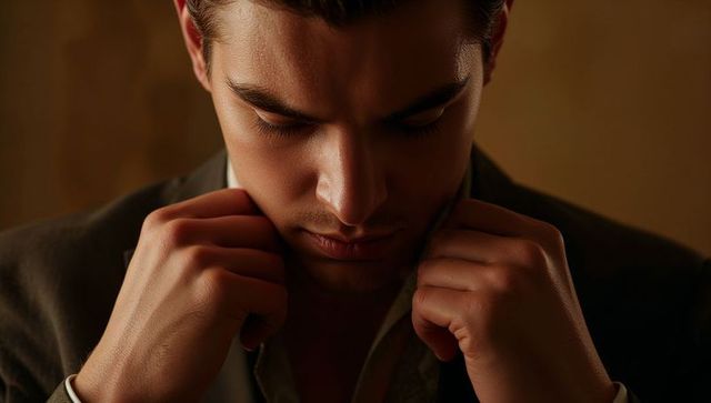Adjusting collar while lowering gaze, man in dark suit dramatic warm close-up portrait