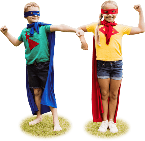 Joyful Siblings Wearing Superhero Costumes Transparent Background