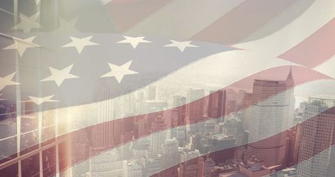American Flag Blending with Urban Cityscape for Patriotism