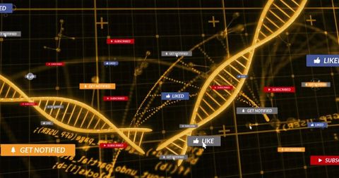 Glowing Golden DNA Helix Threading Through Digital Grid Displaying Social Like Notices