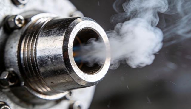 Stainless-steel nozzle releasing dense white steam from test rig flange