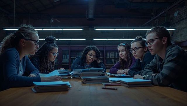 Moody Library Study Group Collaborating Late Night Around Wooden Table with Notebooks