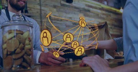 Contactless payment network visualizing customer connections during cafe card transaction
