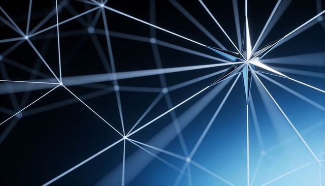 Glowing triangular network mesh forming with bright star node on navy to cyan gradient
