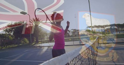 Female tennis player celebrates victory at sunset with uk flag overlay