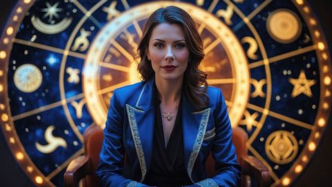 Astrologer Interpreting Mystical Zodiac Chart in Cosmic Study