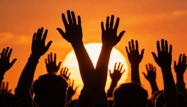 Silhouetted crowd raising hands against golden sunset at outdoor concert festival