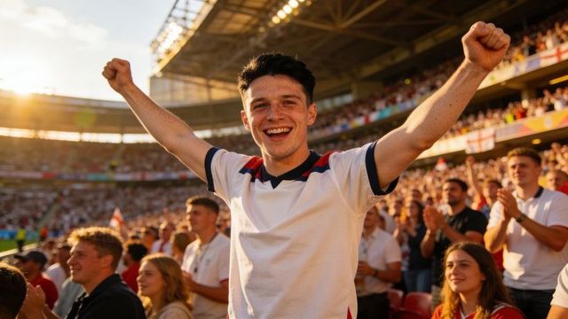 Young male fan wearing white jersey cheering and raising arms in crowded stadium at sunset