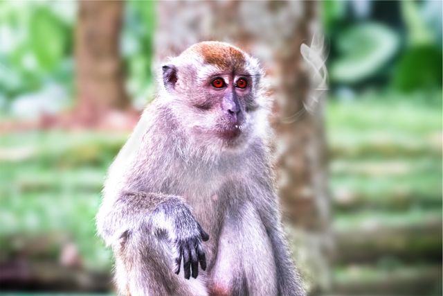 Close-up of a monkey sitting thoughtfully in a lush natural habitat. Wildlife photography capturing animal behavior and expressions. Ideal for nature documentaries, educational materials, wildlife conservation campaigns, and travel blogs focusing on jungle or tropical regions.